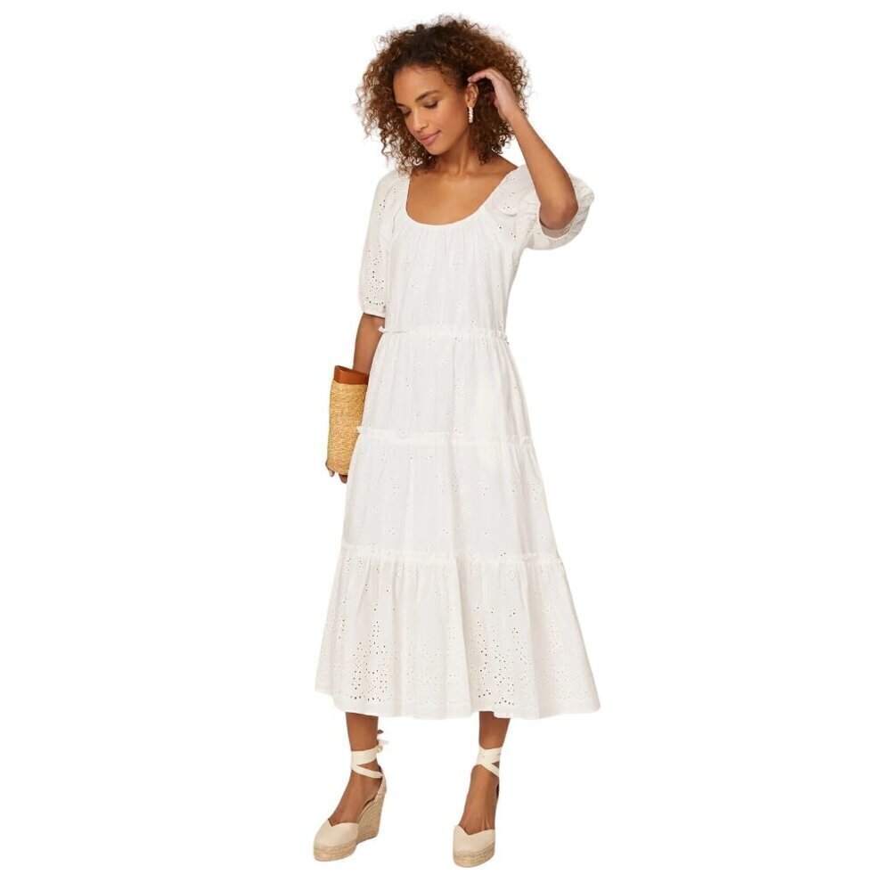 Fifteen Twenty Tiered Puff Sleeve Dress in White XLarge Womens Eyelet Cotton Mid